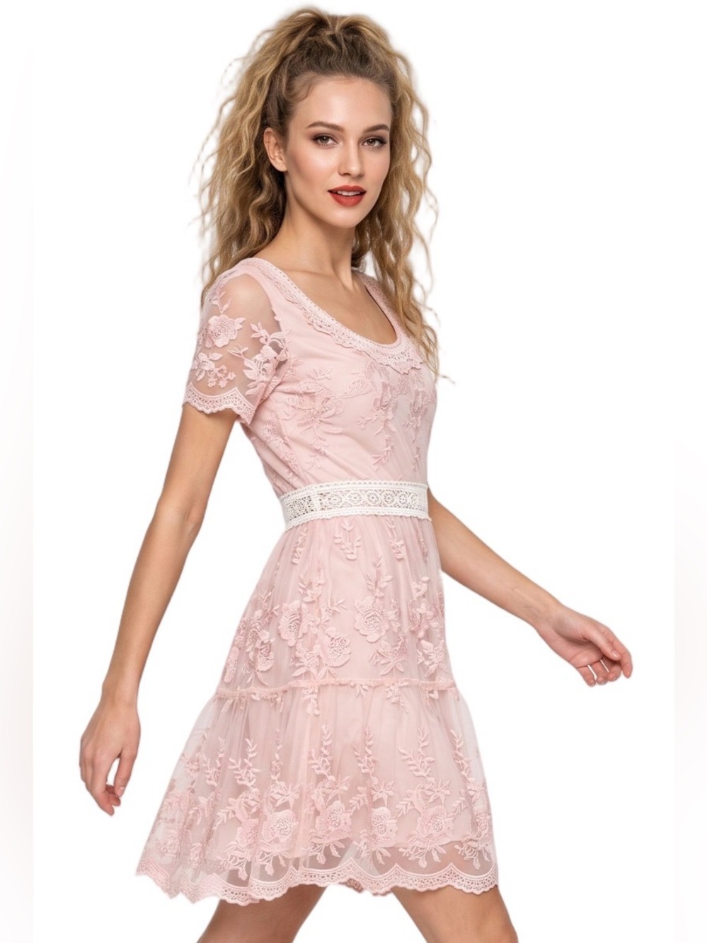 DOWNE EAST Pastel Pink Lace midi dress Scoop neck Short sleeve Costal Cowgirl - Picture 2 of 10